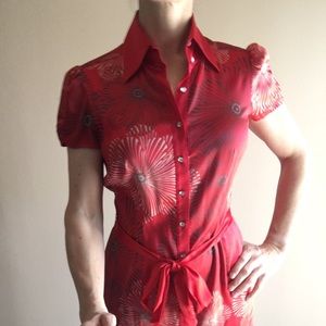 Red silk floral shirt dress